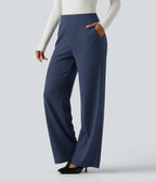 High Waisted Wide Leg Waffle Work Trousers with Pockets — Harbor Ink — view 3