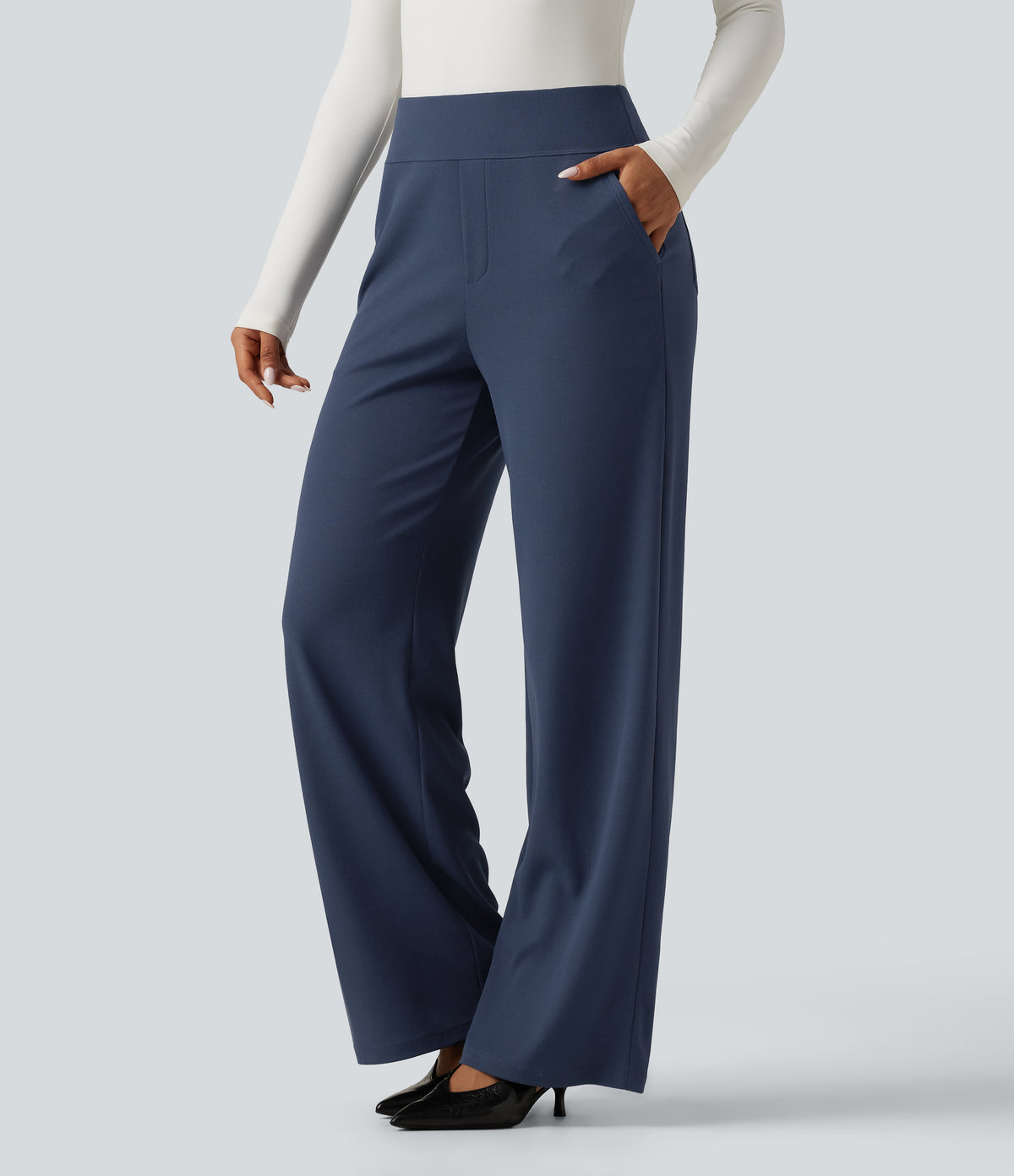 High Waisted Wide Leg Waffle Work Trousers with Pockets — Harbor Ink — view 3