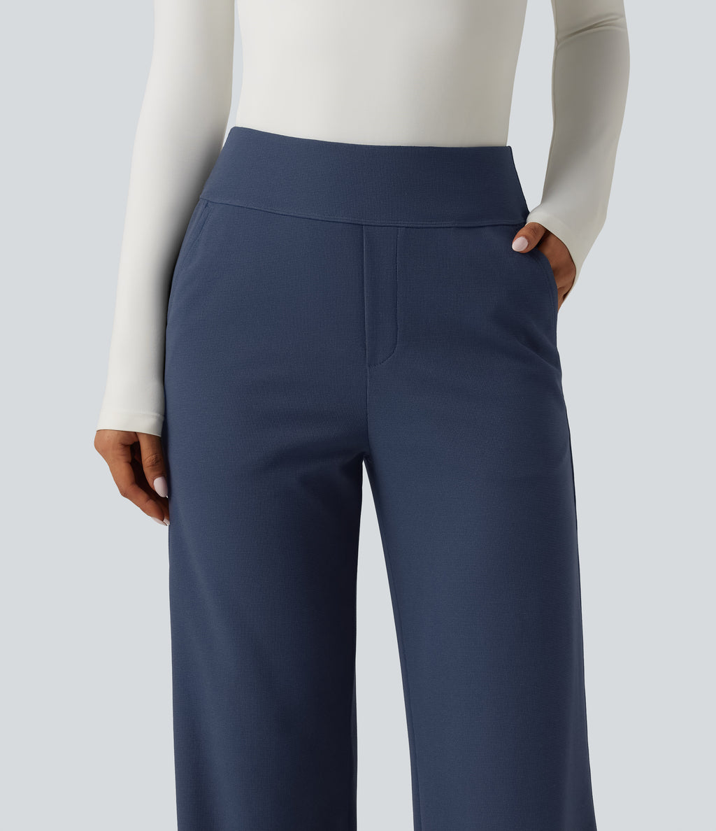 High Waisted Wide Leg Waffle Work Trousers with Pockets — Harbor Ink — view 4