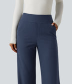 High Waisted Wide Leg Waffle Work Trousers with Pockets — Harbor Ink — view 4