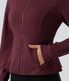 SpacerTek Stand Collar Zip Fly Long Sleeve Ruffle Hem Yoga Jacket with Pockets — Oxblood Red — view 5