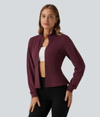 SpacerTek Stand Collar Zip Fly Long Sleeve Ruffle Hem Yoga Jacket with Pockets — Oxblood Red — view 6