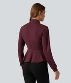 SpacerTek Stand Collar Zip Fly Long Sleeve Ruffle Hem Yoga Jacket with Pockets — Oxblood Red — view 2