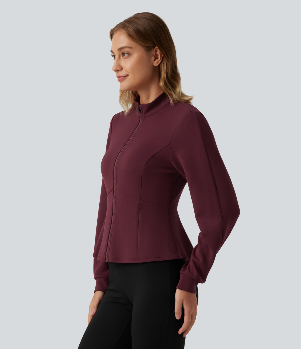 SpacerTek Stand Collar Zip Fly Long Sleeve Ruffle Hem Yoga Jacket with Pockets — Oxblood Red — view 3