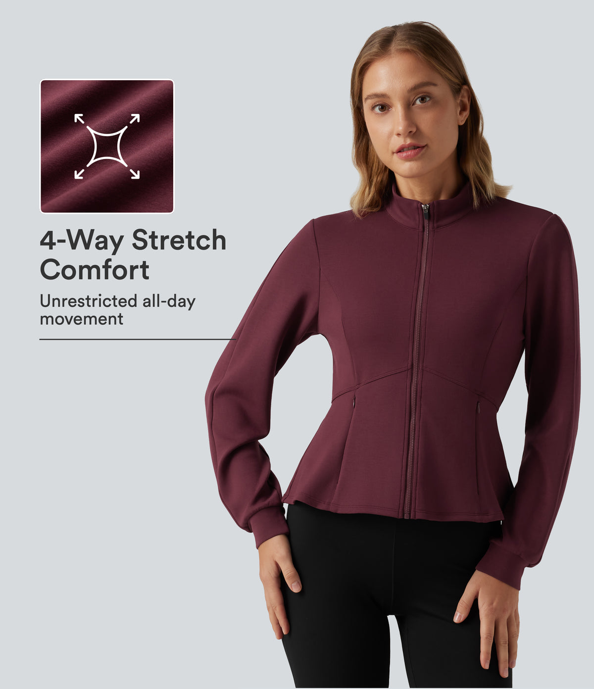 SpacerTek Stand Collar Zip Fly Long Sleeve Ruffle Hem Yoga Jacket with Pockets — Oxblood Red — view 1