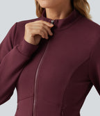 SpacerTek Stand Collar Zip Fly Long Sleeve Ruffle Hem Yoga Jacket with Pockets — Oxblood Red — view 4