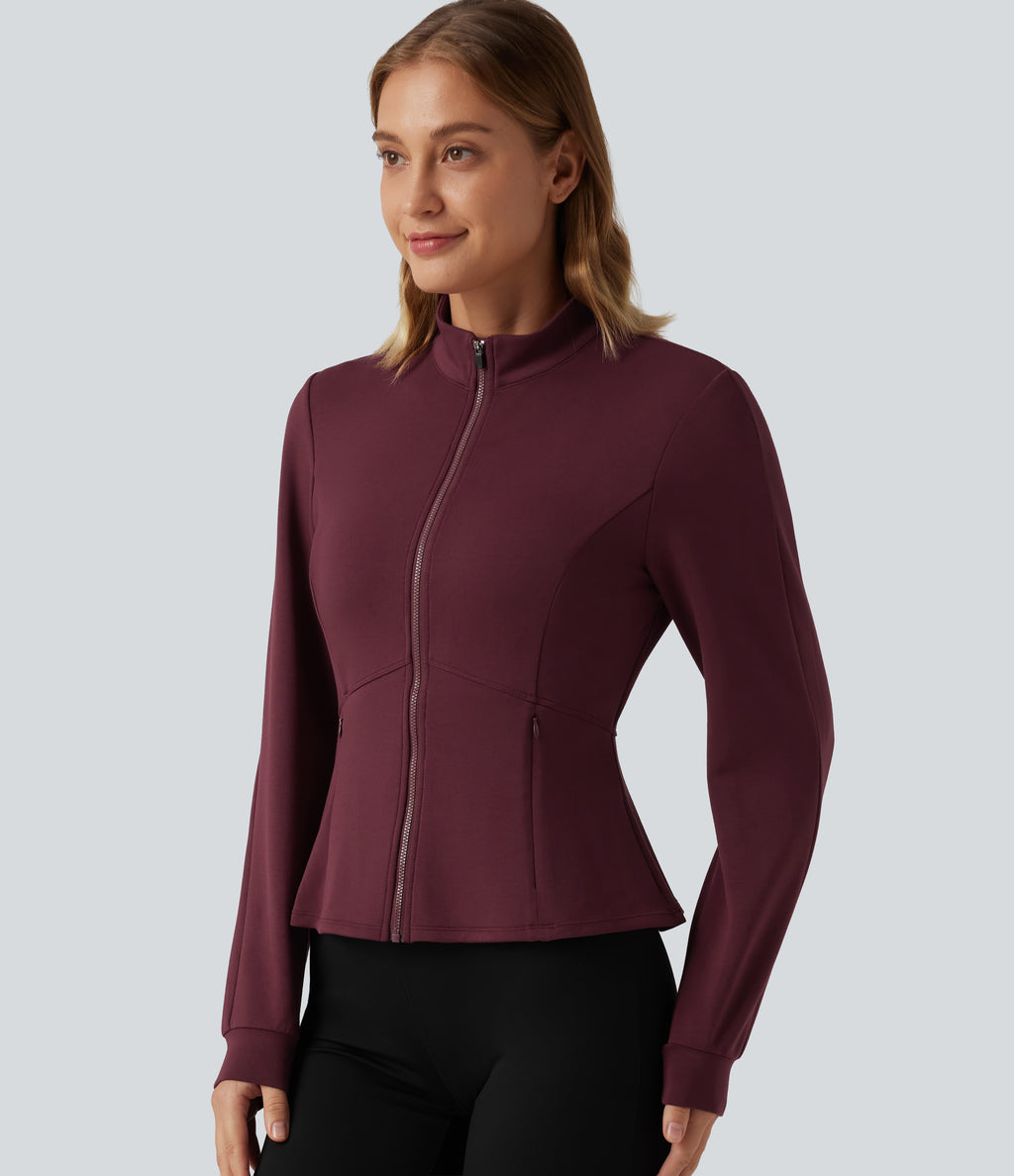 SpacerTek Stand Collar Zip Fly Long Sleeve Ruffle Hem Yoga Jacket with Pockets — Oxblood Red — view 7