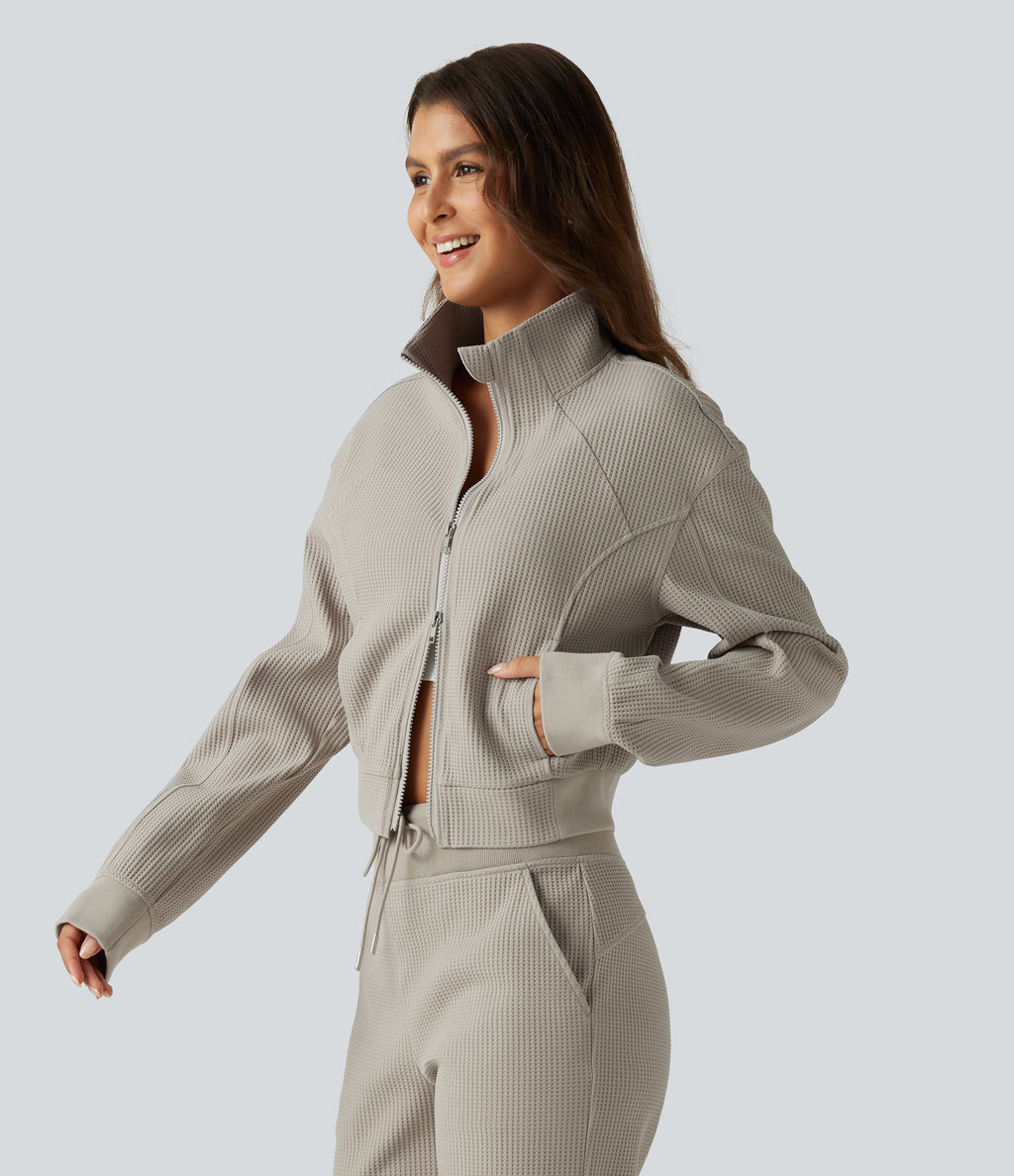 Stand Collar Raglan 2-Way Zipper Long Sleeve Waffle Casual Jacket with Pockets — Moonstruck — view 4