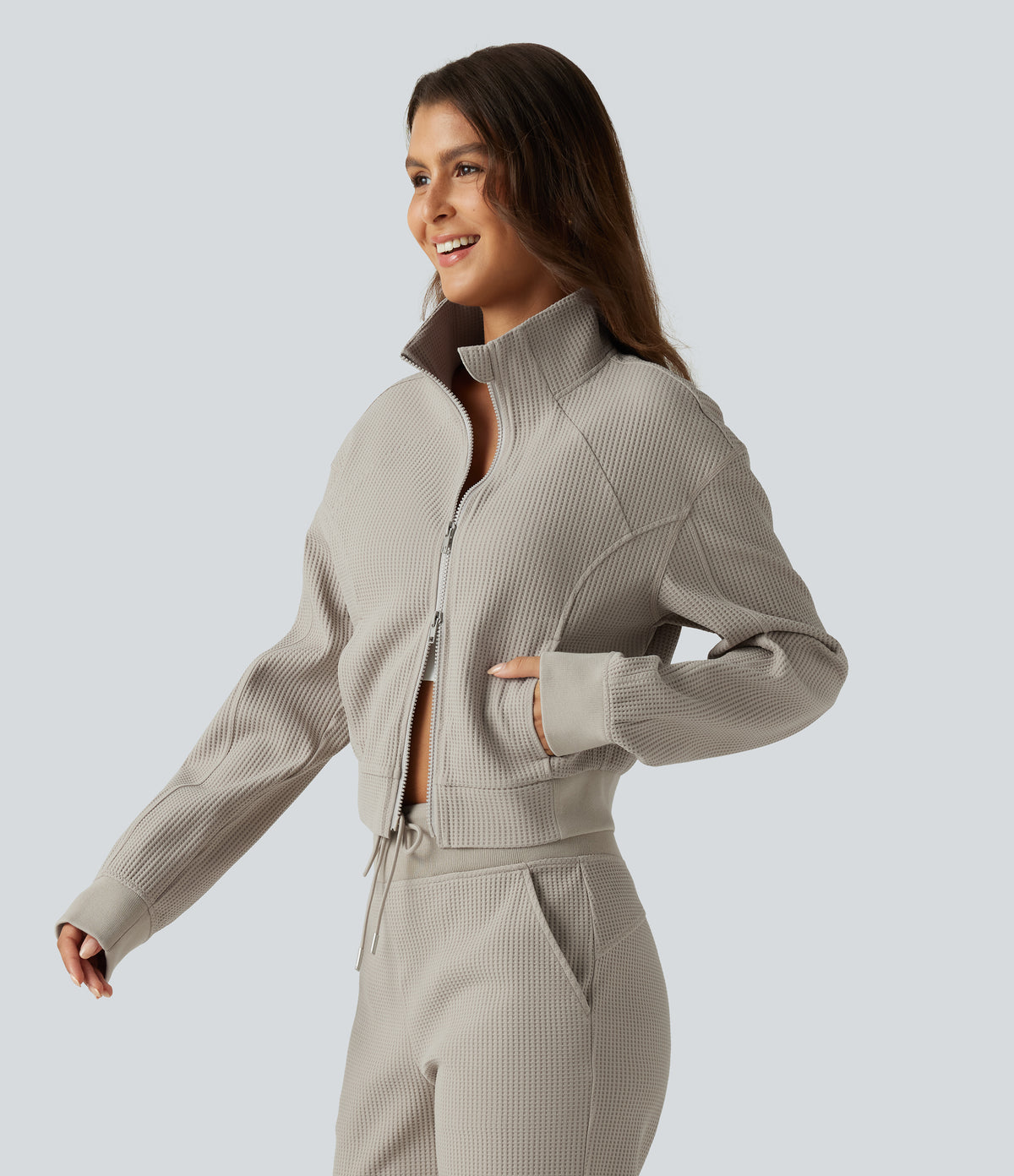 Stand Collar Raglan 2-Way Zipper Long Sleeve Waffle Casual Jacket with Pockets — Moonstruck — view 4