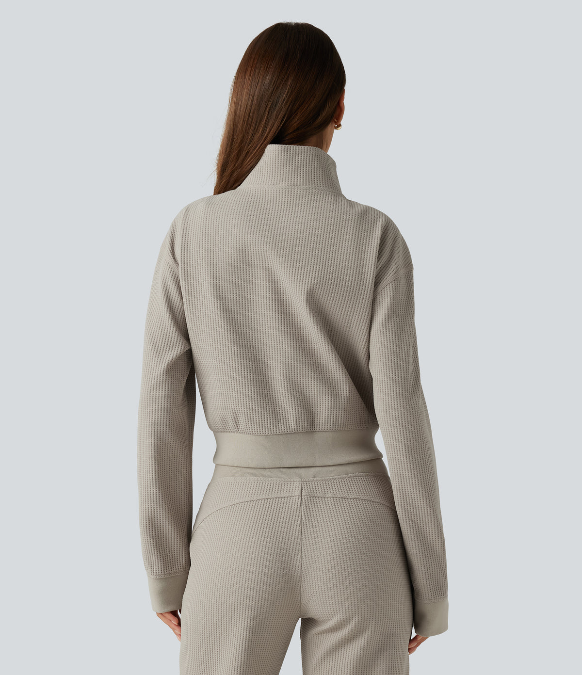 Stand Collar Raglan 2-Way Zipper Long Sleeve Waffle Casual Jacket with Pockets — Moonstruck — view 3