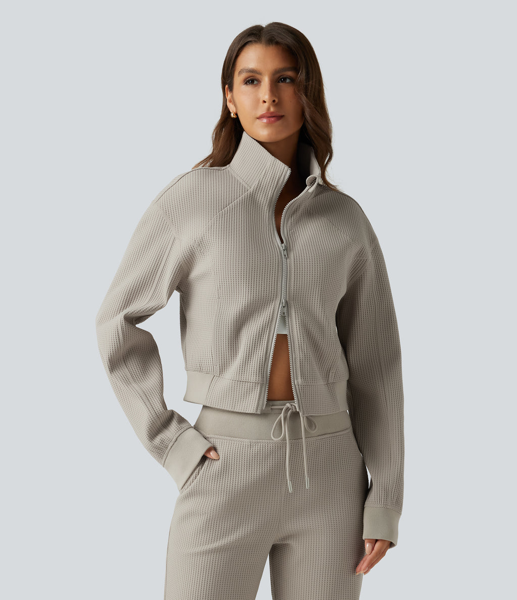 Stand Collar Raglan 2-Way Zipper Long Sleeve Waffle Casual Jacket with Pockets — Moonstruck — view 5