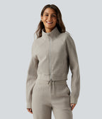 Stand Collar Raglan 2-Way Zipper Long Sleeve Waffle Casual Jacket with Pockets — Moonstruck — view 2