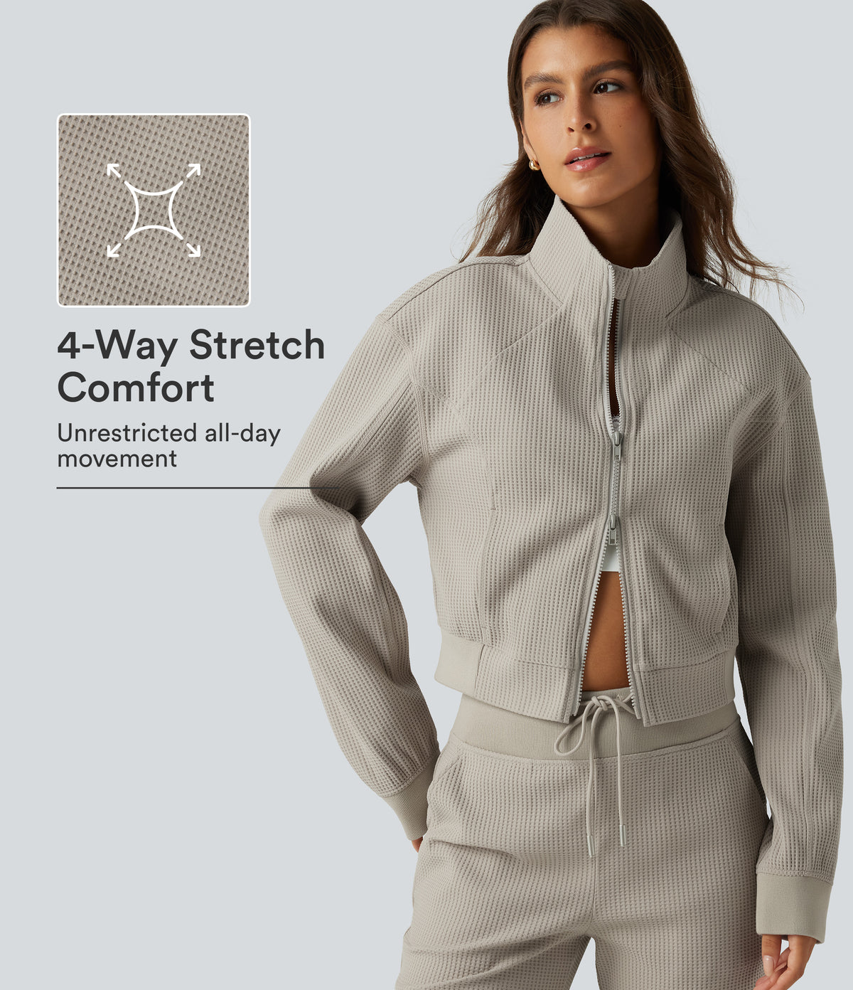 Stand Collar Raglan 2-Way Zipper Long Sleeve Waffle Casual Jacket with Pockets — Moonstruck — view 1