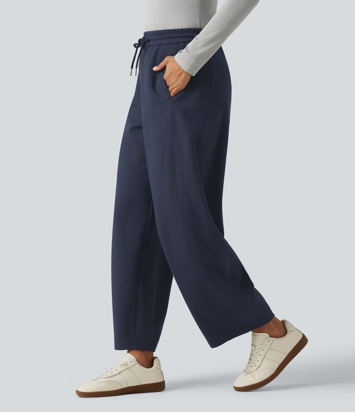Mid Rise Drawstring Casual Cotton Sweatpants with Pockets — Navy Blazer — view 3