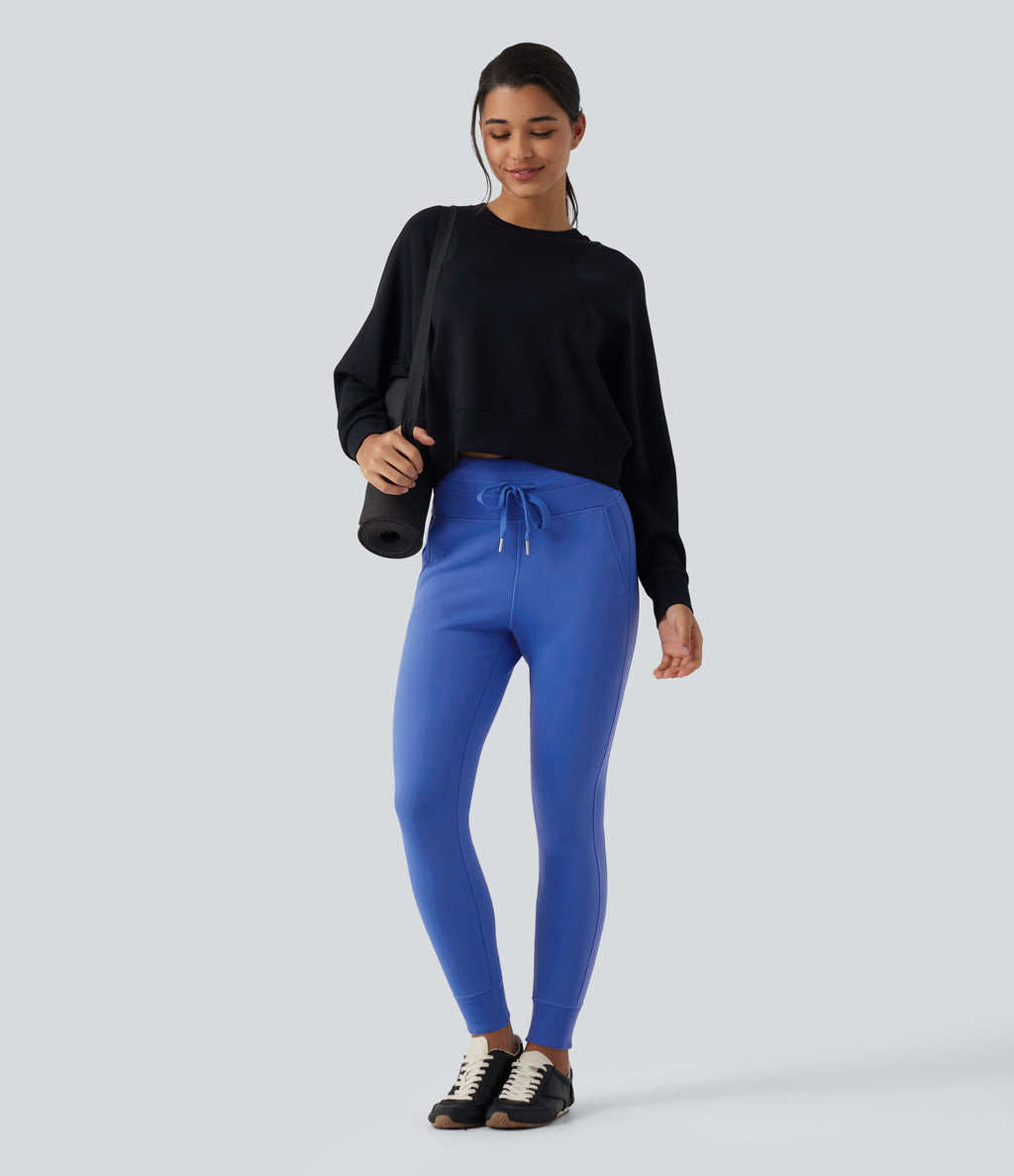 High Waisted Slim Fit Fleece Yoga Jogger with Pockets — Beaucoup Blue — view 7