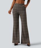 High Waisted Houndstooth Plaid Flare Work Trousers with Pockets — Brown Houndstooth Plaid — view 1