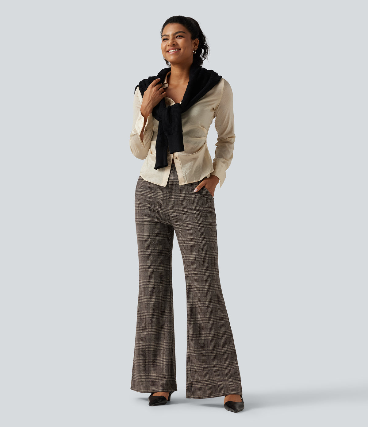High Waisted Houndstooth Plaid Flare Work Trousers with Pockets — Brown Houndstooth Plaid — view 6