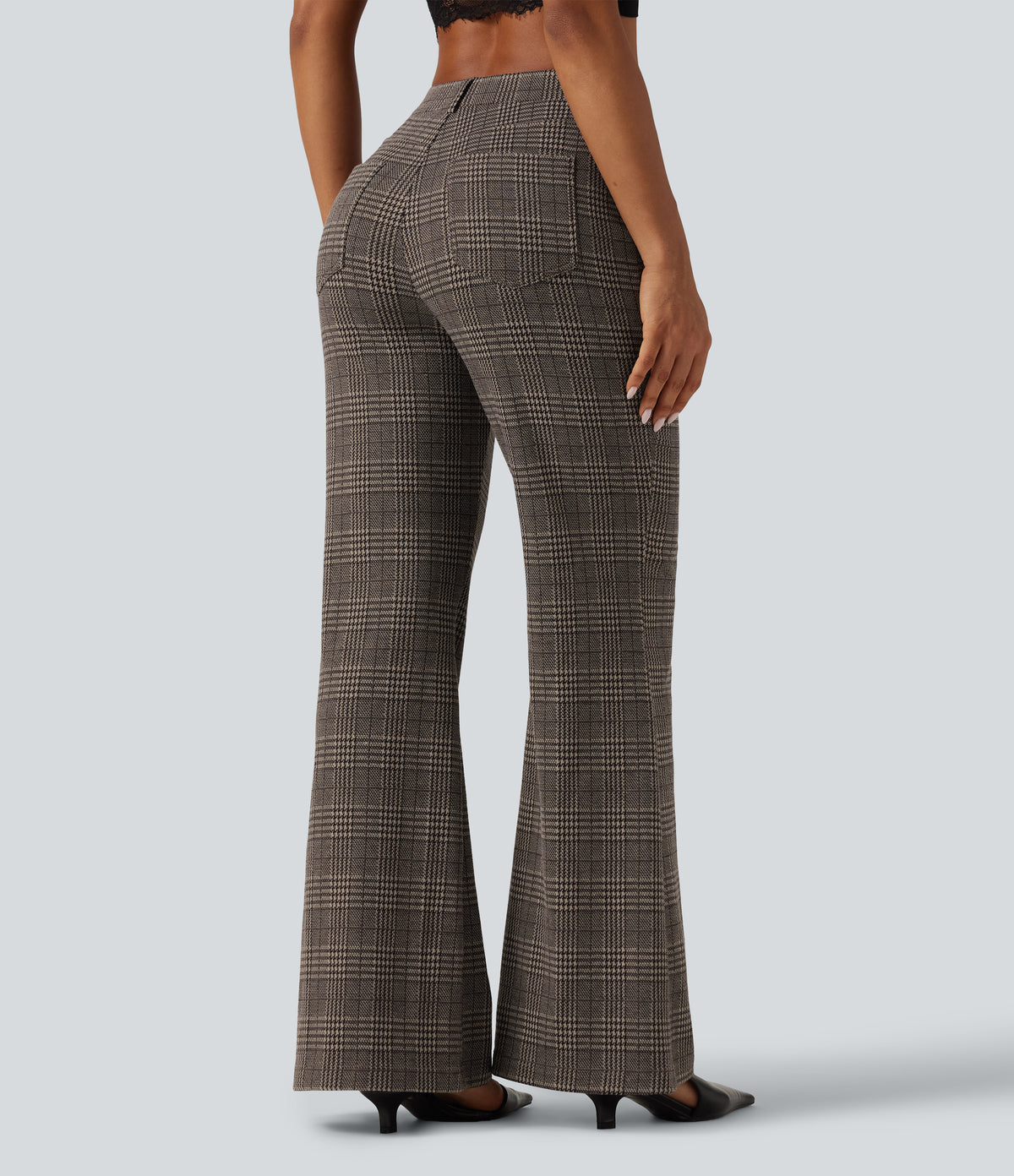 High Waisted Houndstooth Plaid Flare Work Trousers with Pockets — Brown Houndstooth Plaid — view 2