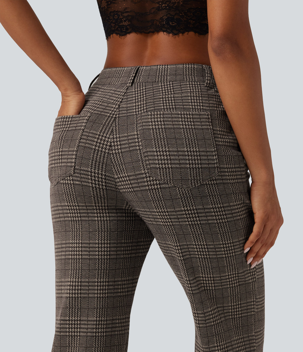 High Waisted Houndstooth Plaid Flare Work Trousers with Pockets — Brown Houndstooth Plaid — view 5