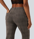 High Waisted Houndstooth Plaid Flare Work Trousers with Pockets — Brown Houndstooth Plaid — view 5