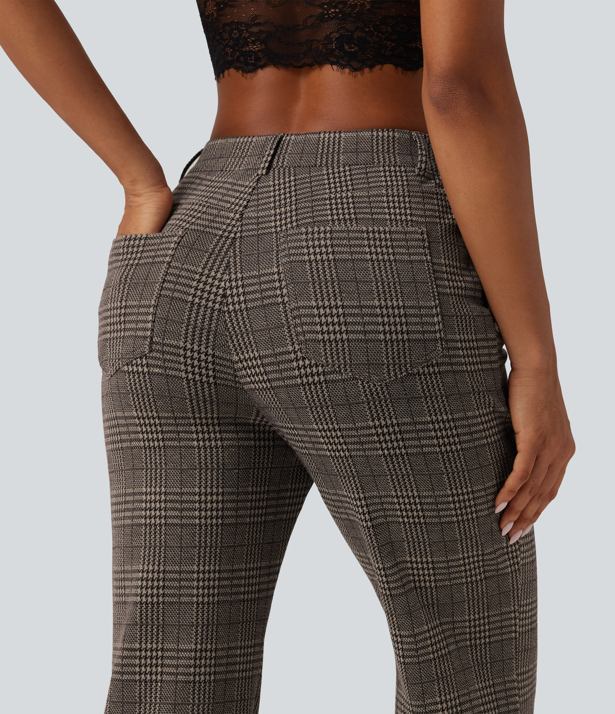 High Waisted Houndstooth Plaid Flare Work Trousers with Pockets — Brown Houndstooth Plaid — view 5