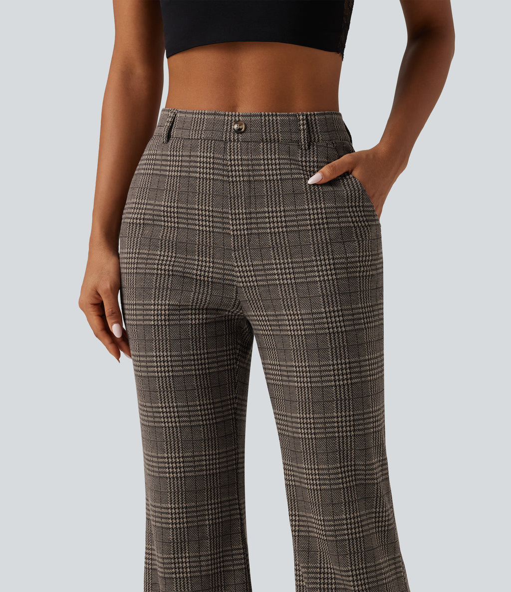 High Waisted Houndstooth Plaid Flare Work Trousers with Pockets — Brown Houndstooth Plaid — view 4