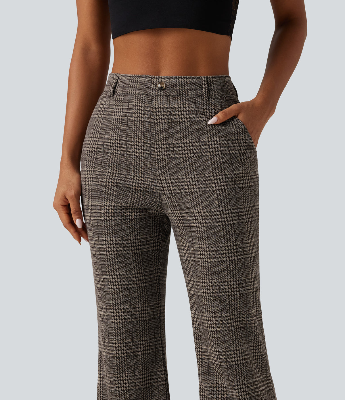 High Waisted Houndstooth Plaid Flare Work Trousers with Pockets — Brown Houndstooth Plaid — view 4