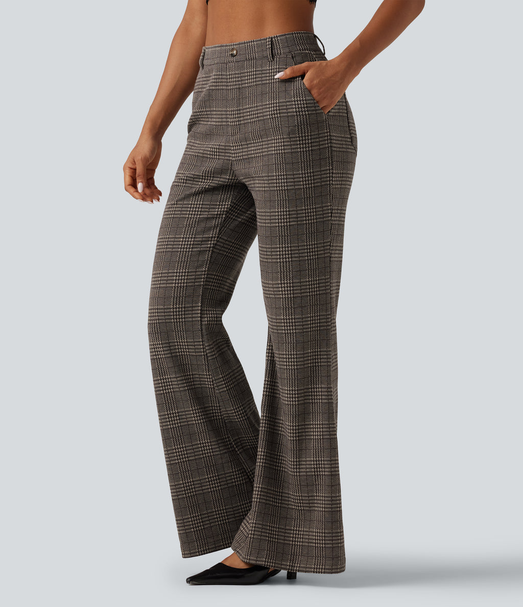 High Waisted Houndstooth Plaid Flare Work Trousers with Pockets — Brown Houndstooth Plaid — view 3