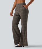 High Waisted Houndstooth Plaid Flare Work Trousers with Pockets — Brown Houndstooth Plaid — view 3
