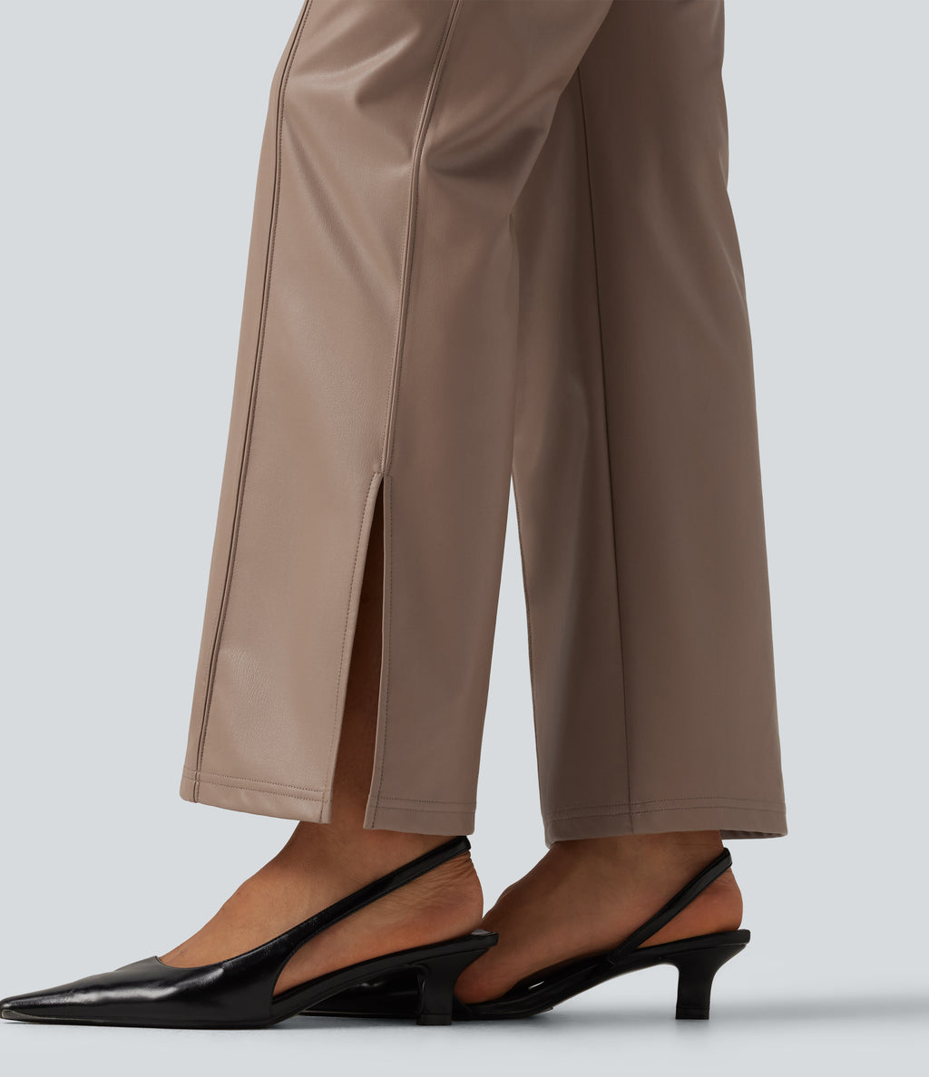 High Waisted Bootcut Stretchy PU Fleece Casual Trousers with Pockets — Sinopia Fresco — view 6