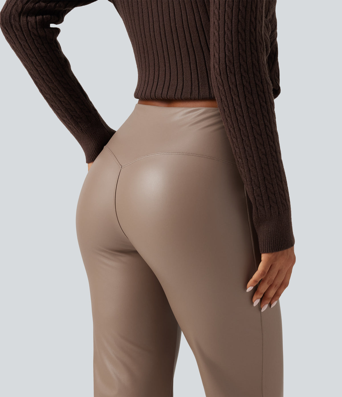 High Waisted Bootcut Stretchy PU Fleece Casual Trousers with Pockets — Sinopia Fresco — view 4