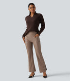 High Waisted Bootcut Stretchy PU Fleece Casual Trousers with Pockets — Sinopia Fresco — view 7