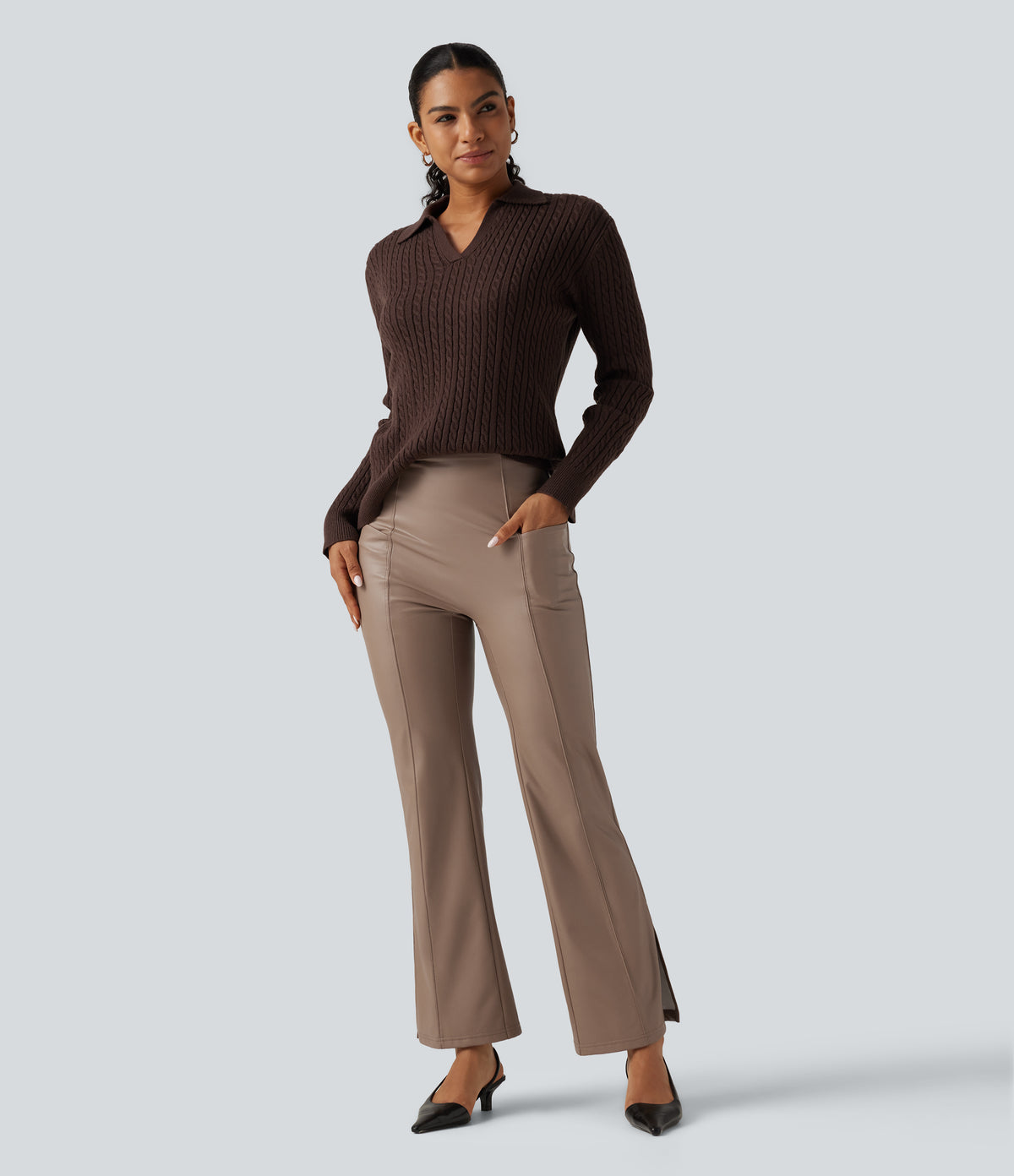 High Waisted Bootcut Stretchy PU Fleece Casual Trousers with Pockets — Sinopia Fresco — view 7
