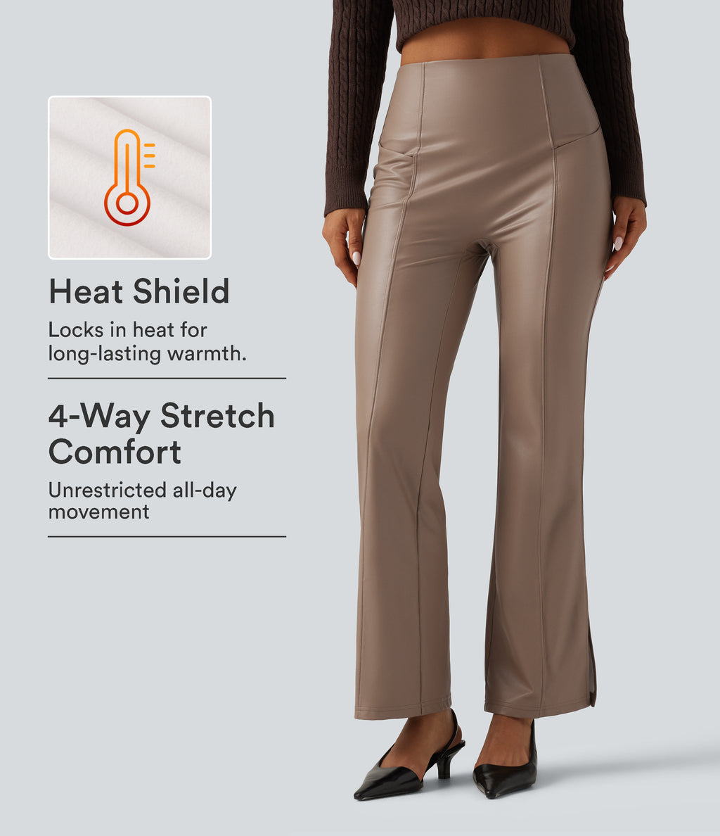 High Waisted Bootcut Stretchy PU Fleece Casual Trousers with Pockets — Sinopia Fresco — view 1