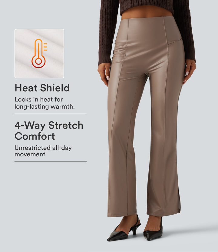High Waisted Bootcut Stretchy PU Fleece Casual Trousers with Pockets — Sinopia Fresco — view 1