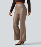 High Waisted Bootcut Stretchy PU Fleece Casual Trousers with Pockets — Sinopia Fresco — view 3