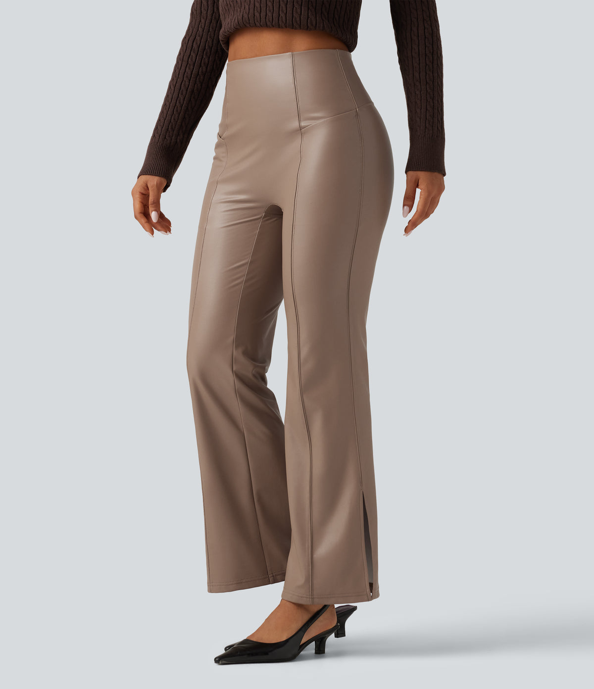 High Waisted Bootcut Stretchy PU Fleece Casual Trousers with Pockets — Sinopia Fresco — view 3