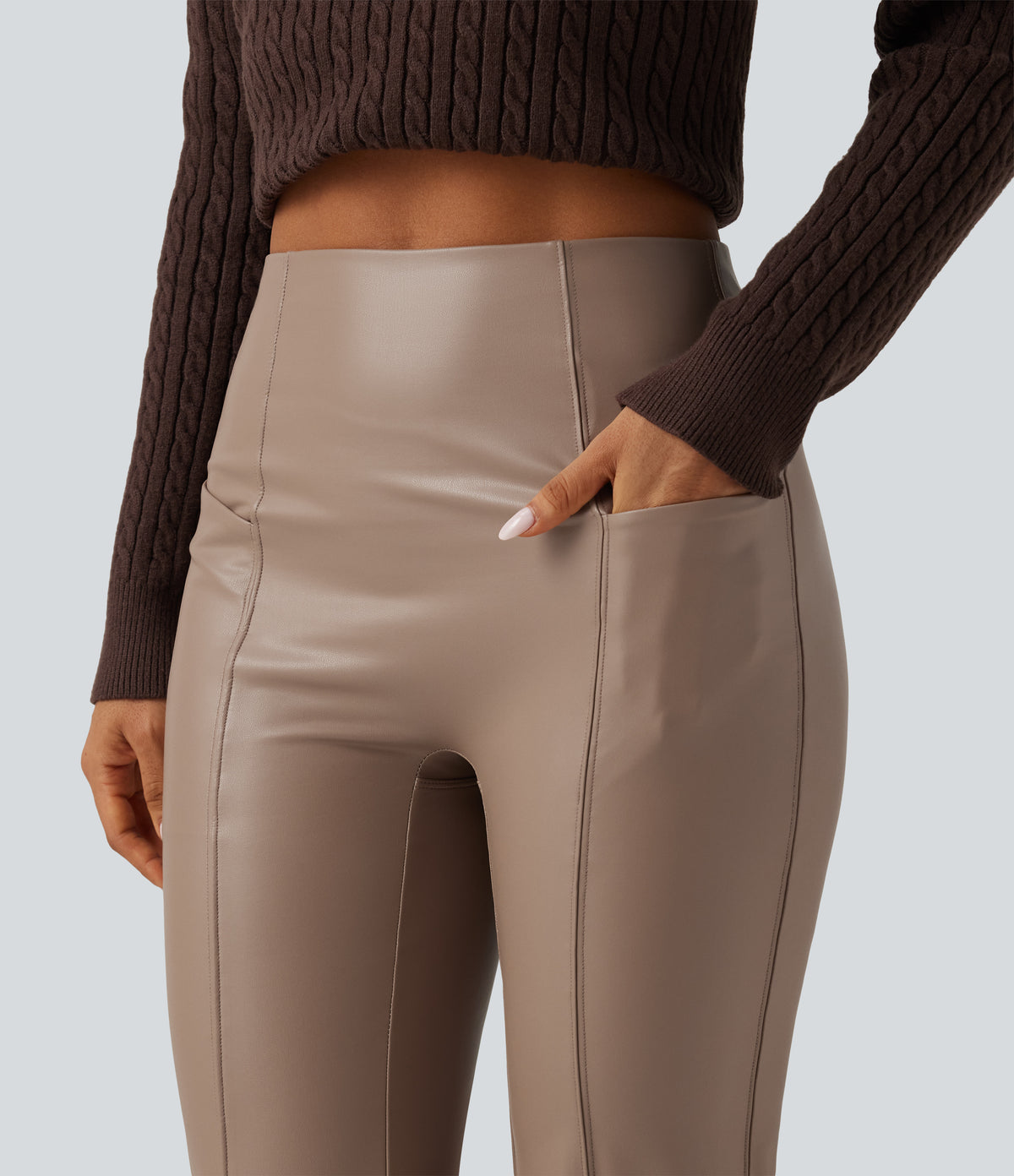 High Waisted Bootcut Stretchy PU Fleece Casual Trousers with Pockets — Sinopia Fresco — view 5