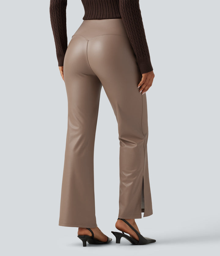 High Waisted Bootcut Stretchy PU Fleece Casual Trousers with Pockets — Sinopia Fresco — view 2