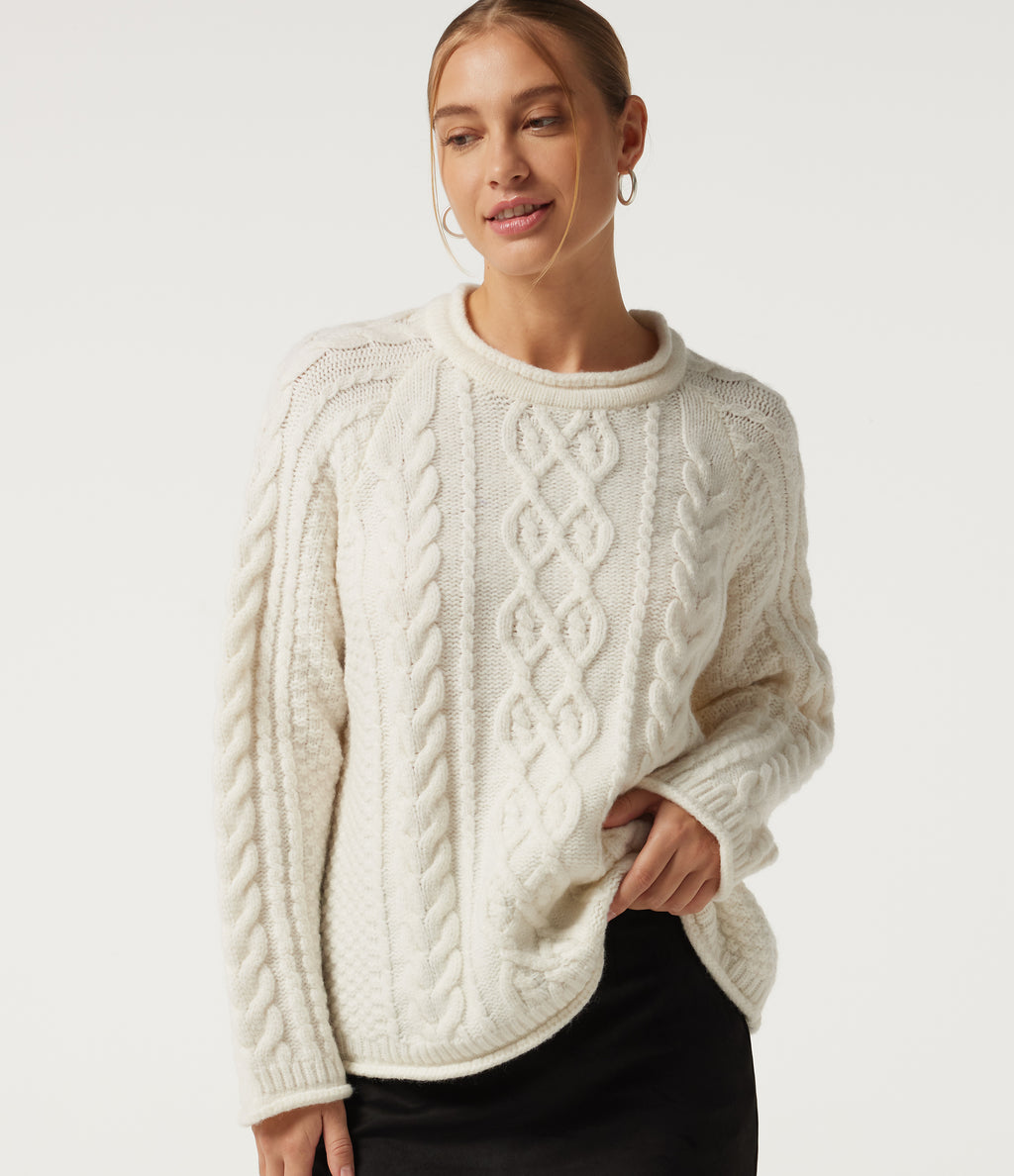 Round Neck Long Sleeve Rolled Hem Casual Jumper — Snow White Oak — view 1
