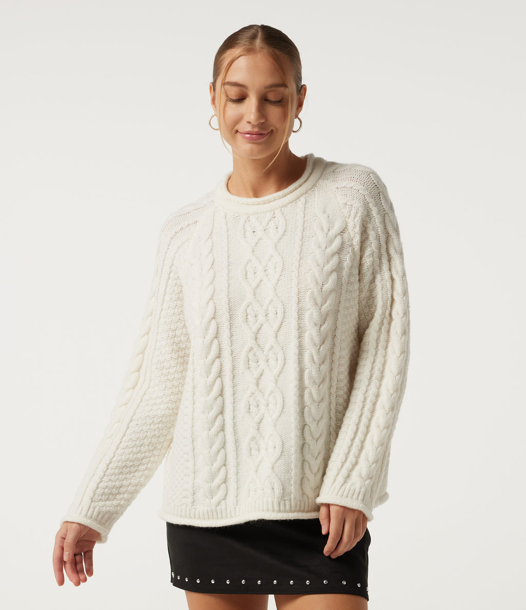 Round Neck Long Sleeve Rolled Hem Casual Jumper — Snow White Oak — view 4