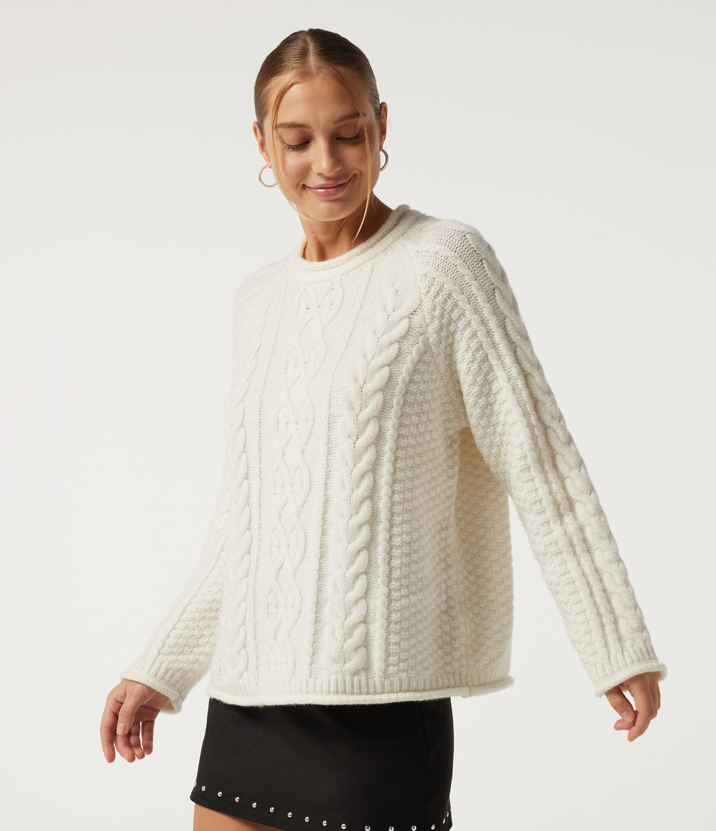 Round Neck Long Sleeve Rolled Hem Casual Jumper — Snow White Oak — view 3