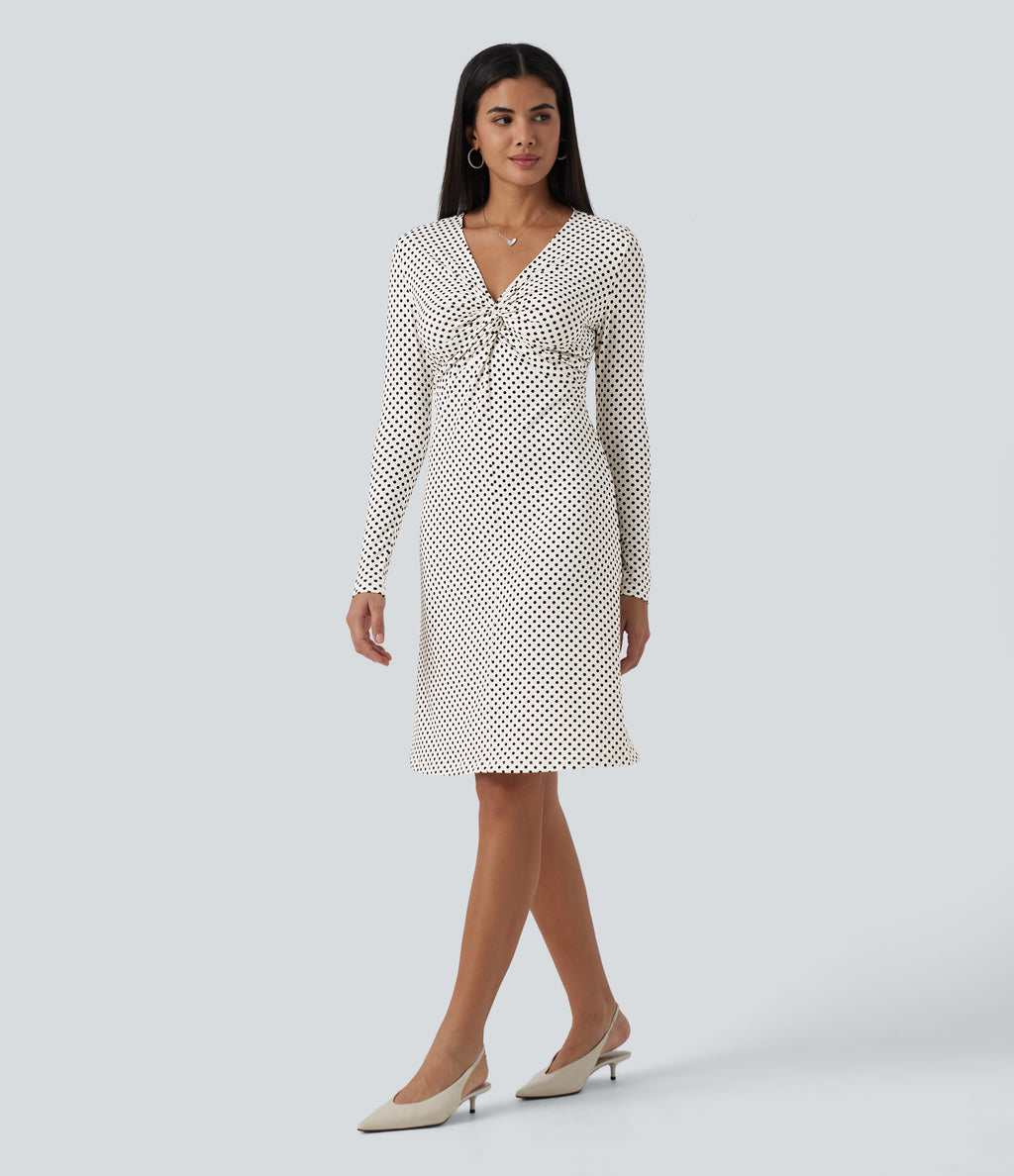 V-Neck Long Sleeve Polka Dot A-Line Casual Midi Dress — Snow Dots — view 3