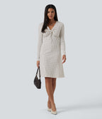 V-Neck Long Sleeve Polka Dot A-Line Casual Midi Dress — Snow Dots — view 1