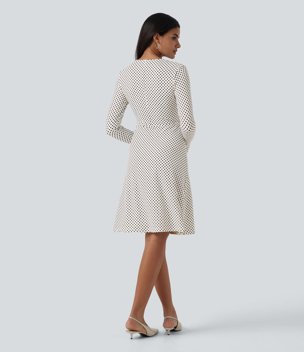V-Neck Long Sleeve Polka Dot A-Line Casual Midi Dress — Snow Dots — view 2