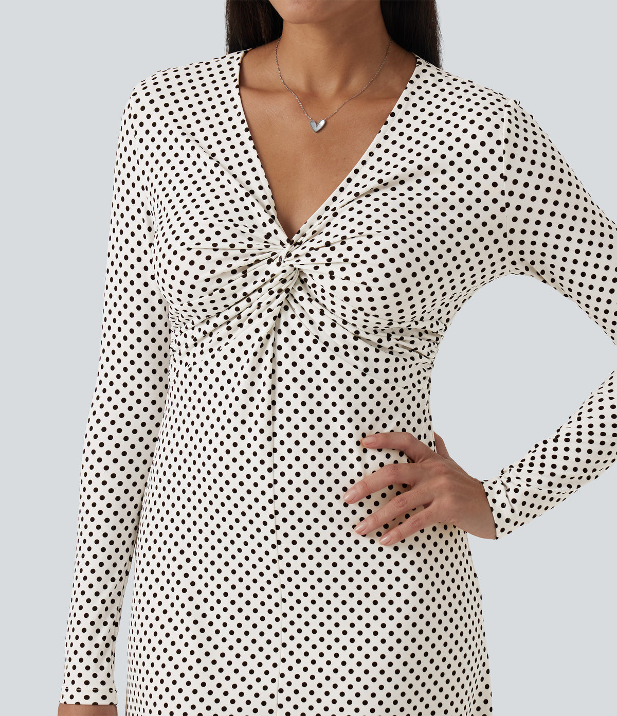 V-Neck Long Sleeve Polka Dot A-Line Casual Midi Dress — Snow Dots — view 4