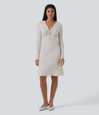 V-Neck Long Sleeve Polka Dot A-Line Casual Midi Dress — Snow Dots — view 6