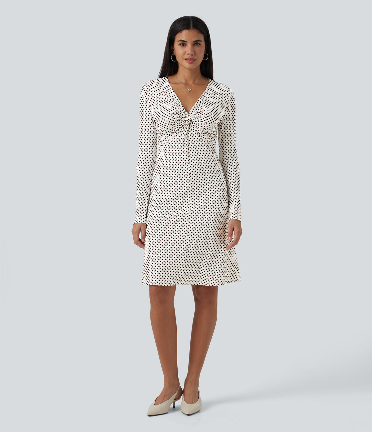 V-Neck Long Sleeve Polka Dot A-Line Casual Midi Dress — Snow Dots — view 6