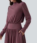 Mock Neck Long Sleeve Ruched Party Maxi Dress with Pockets — Tulipwood — view 4