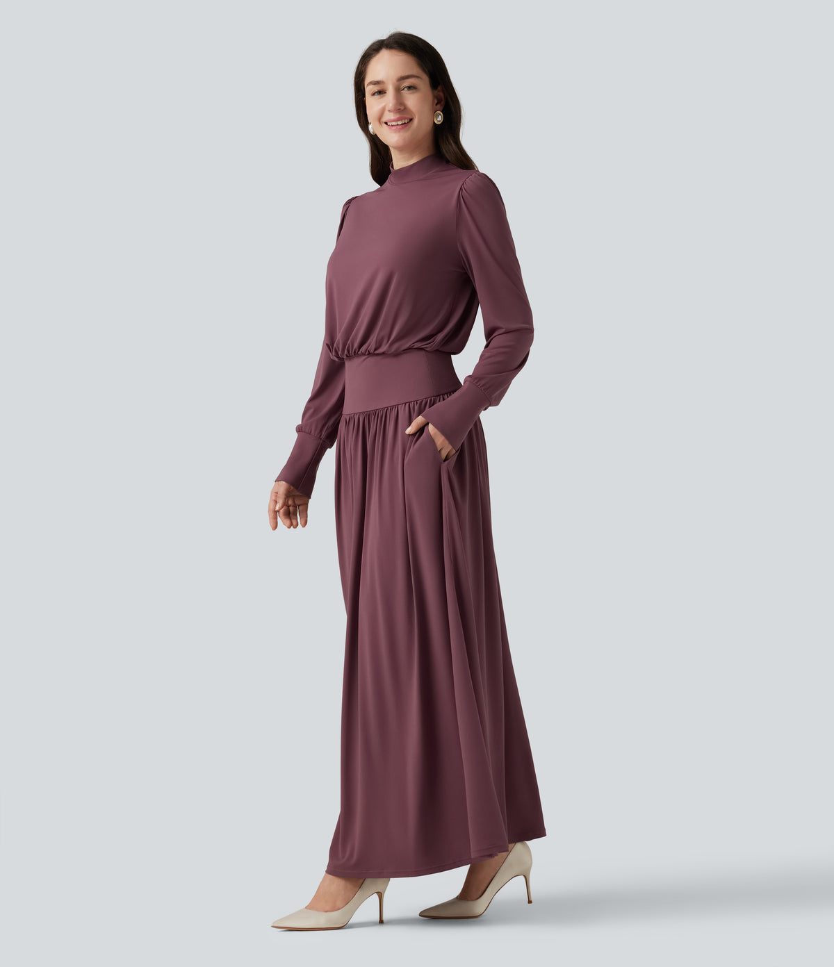 Mock Neck Long Sleeve Ruched Party Maxi Dress with Pockets — Tulipwood — view 3